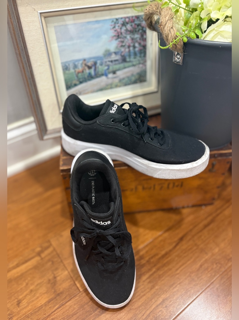 Adidas Women’s Sneakers Black Canvas Court White Trim Platform Sole Skater-Style